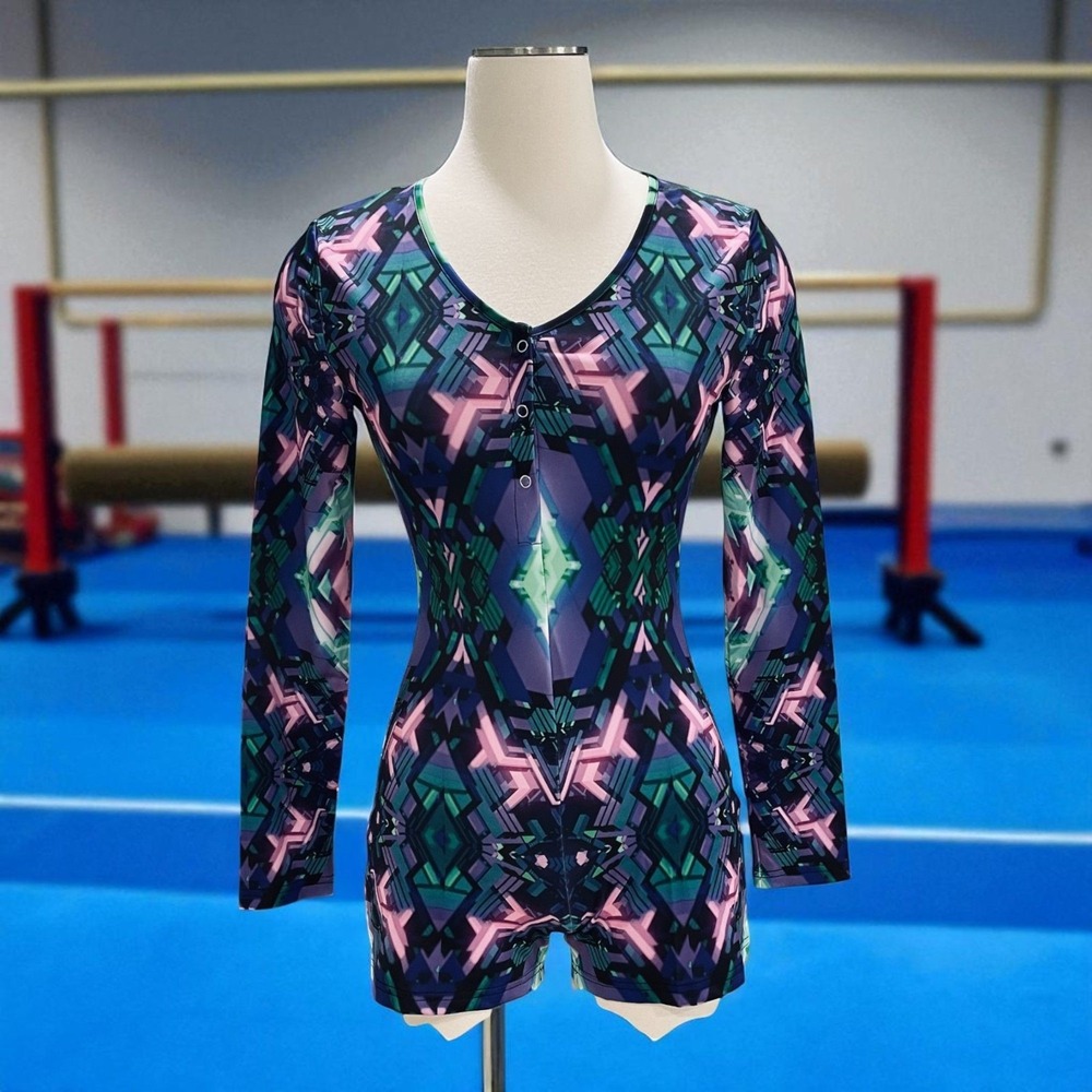 Artscow Bodysuit Small Geometric Print Romper Long Sleeve Festival Y2K‎ Retro